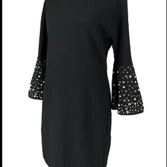 Badgley Mischka Black Dress LBD Grommet Embellished Shift Bell Sleeve Size 4 - Picture 3 of 13
